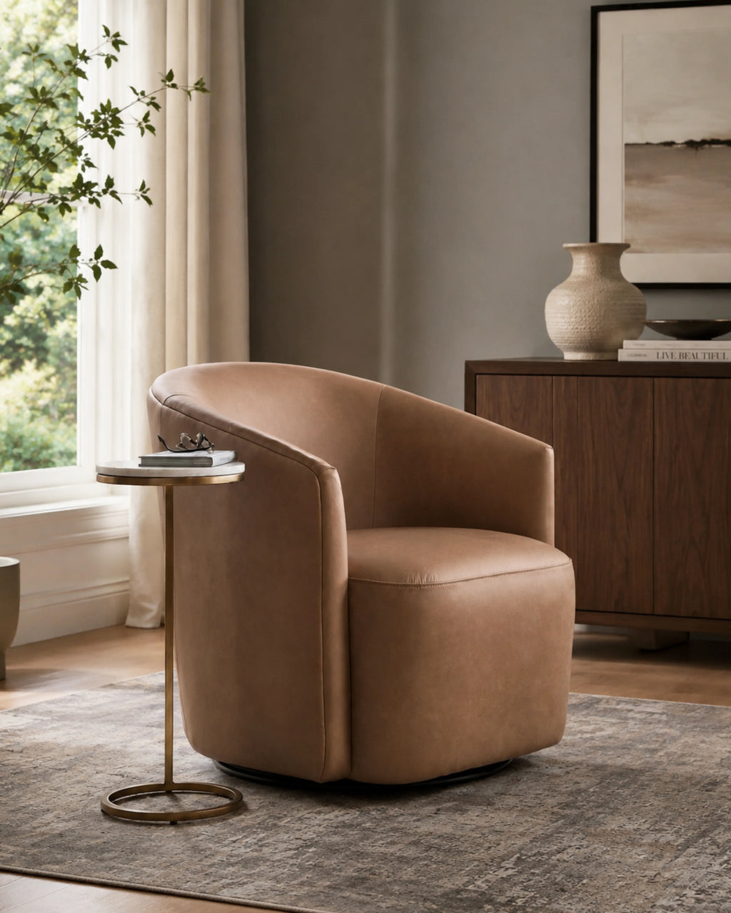 Velastra Top-Grain Leather Swivel Accent Chair