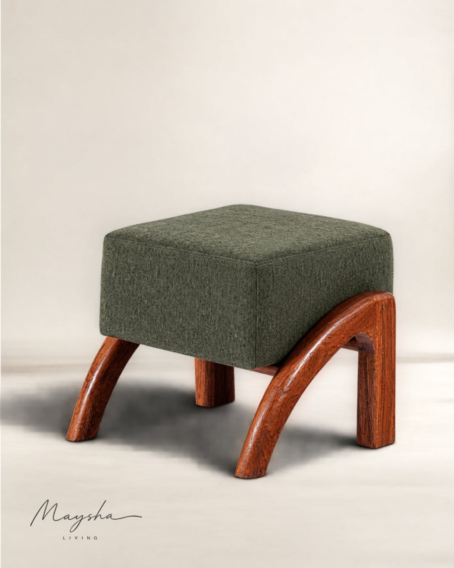 VELNARO Upholstered Solid Teakwood Accent Olive Stool
