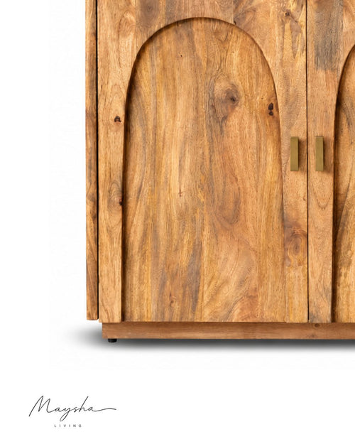 Arcavelle Solid Wood 4-Door Sideboard with Carved Arch Panels and Brass-Finish Handles