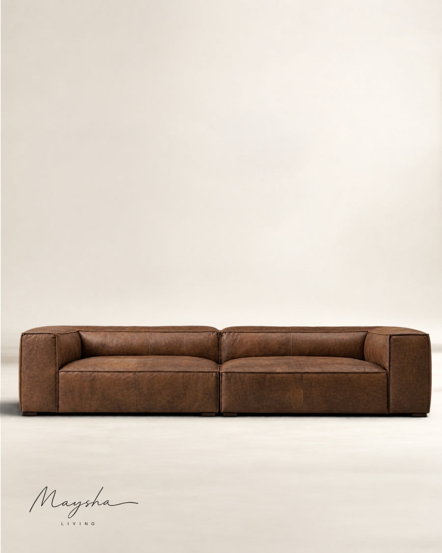Morvanti Handcrafted Cognac Vegan Leather Boxy 3-Seater Sofa