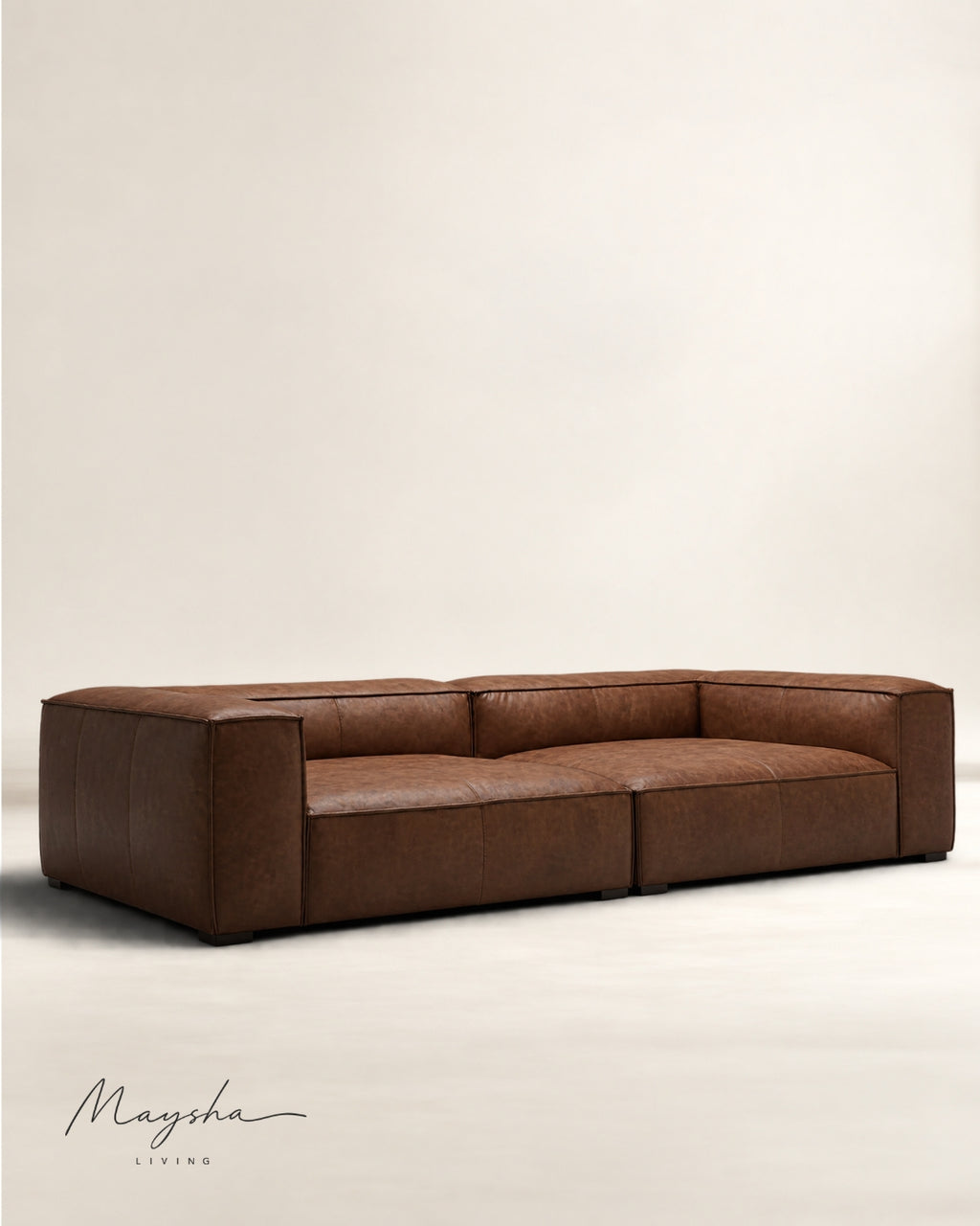 Morvanti Handcrafted Cognac Vegan Leather Boxy 3-Seater Sofa