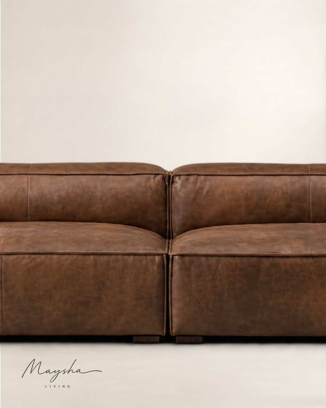 Morvanti Handcrafted Cognac Vegan Leather Boxy 3-Seater Sofa