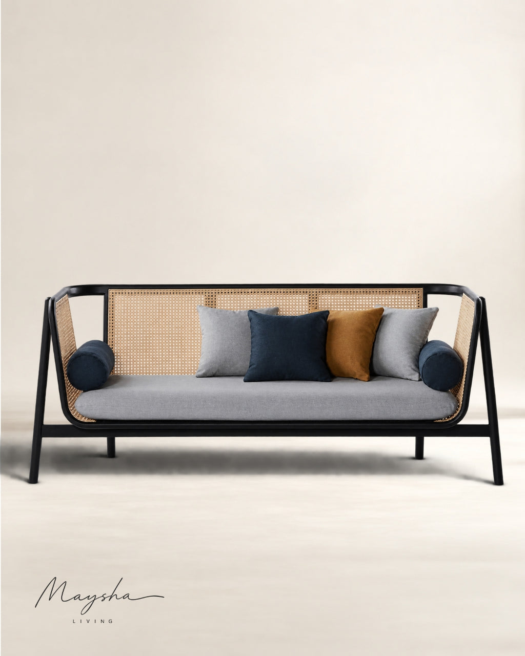 Pelvona Handcrafted Solid Wood, Rattan & Velvet 3-Seater Sofa