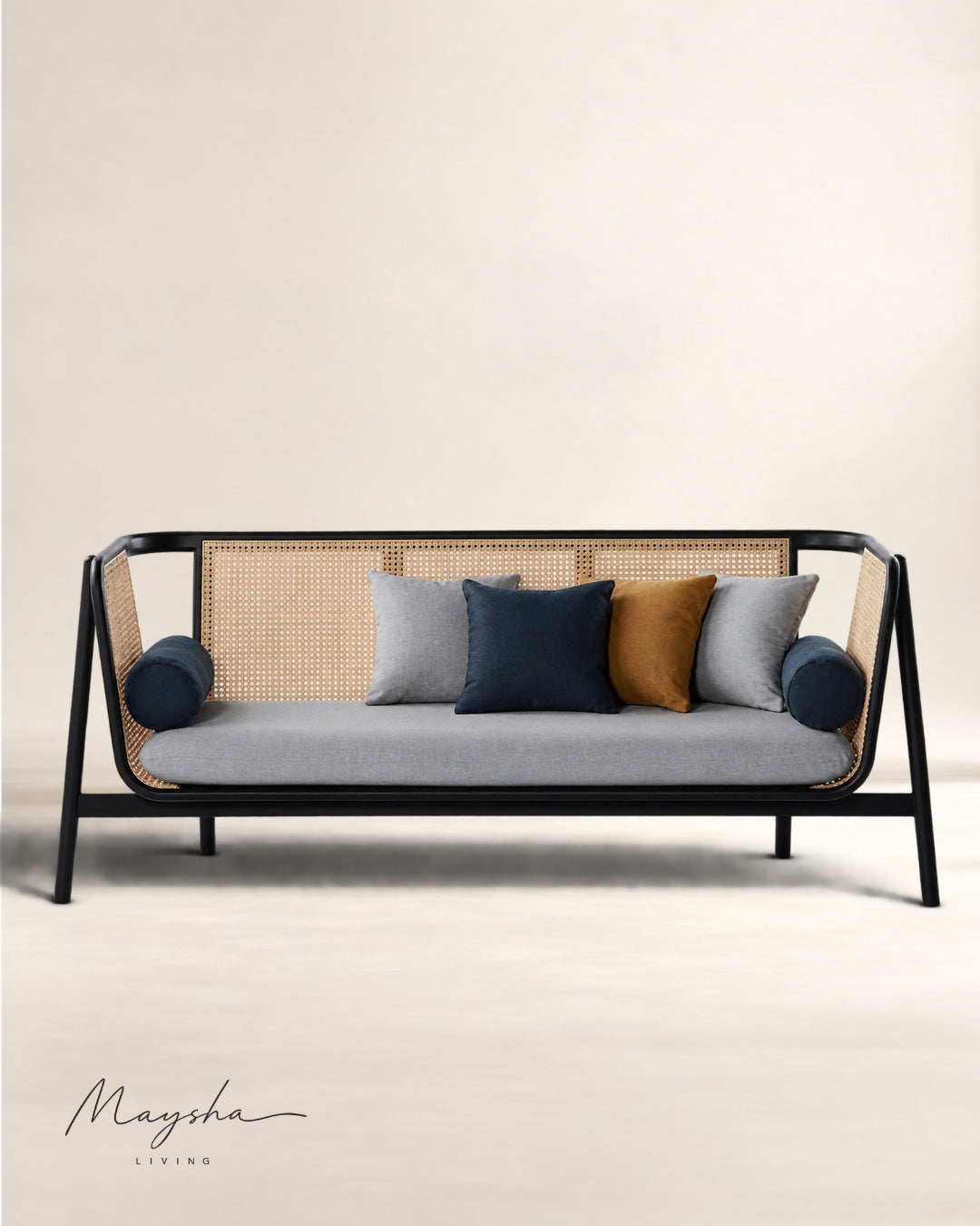 Pelvona Handcrafted Solid Wood, Rattan & Velvet 3-Seater Sofa