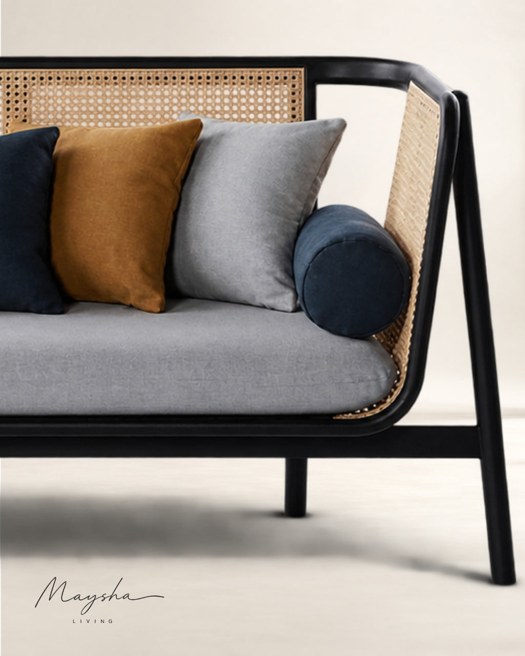 Pelvona Handcrafted Solid Wood, Rattan & Velvet 3-Seater Sofa