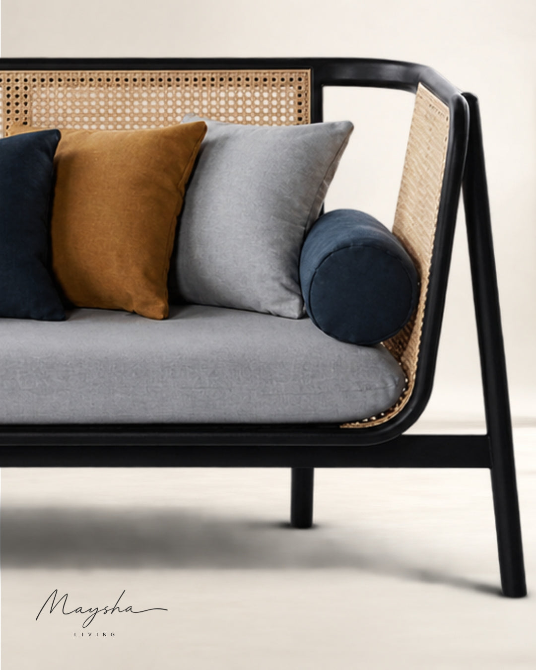 Pelvona Handcrafted Solid Wood, Rattan & Velvet 3-Seater Sofa