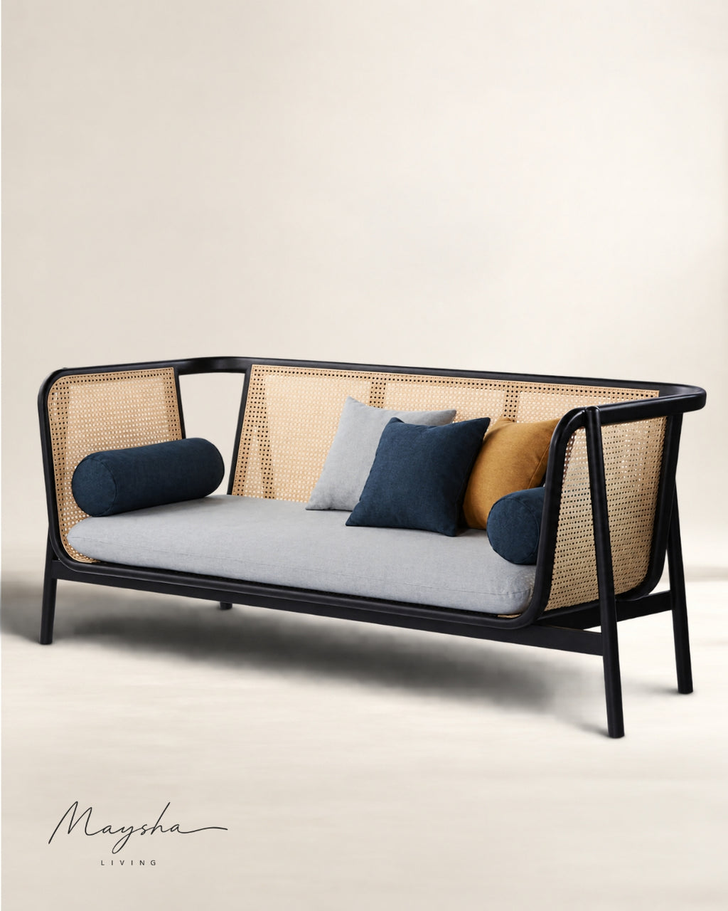 Pelvona Handcrafted Solid Wood, Rattan & Velvet 3-Seater Sofa
