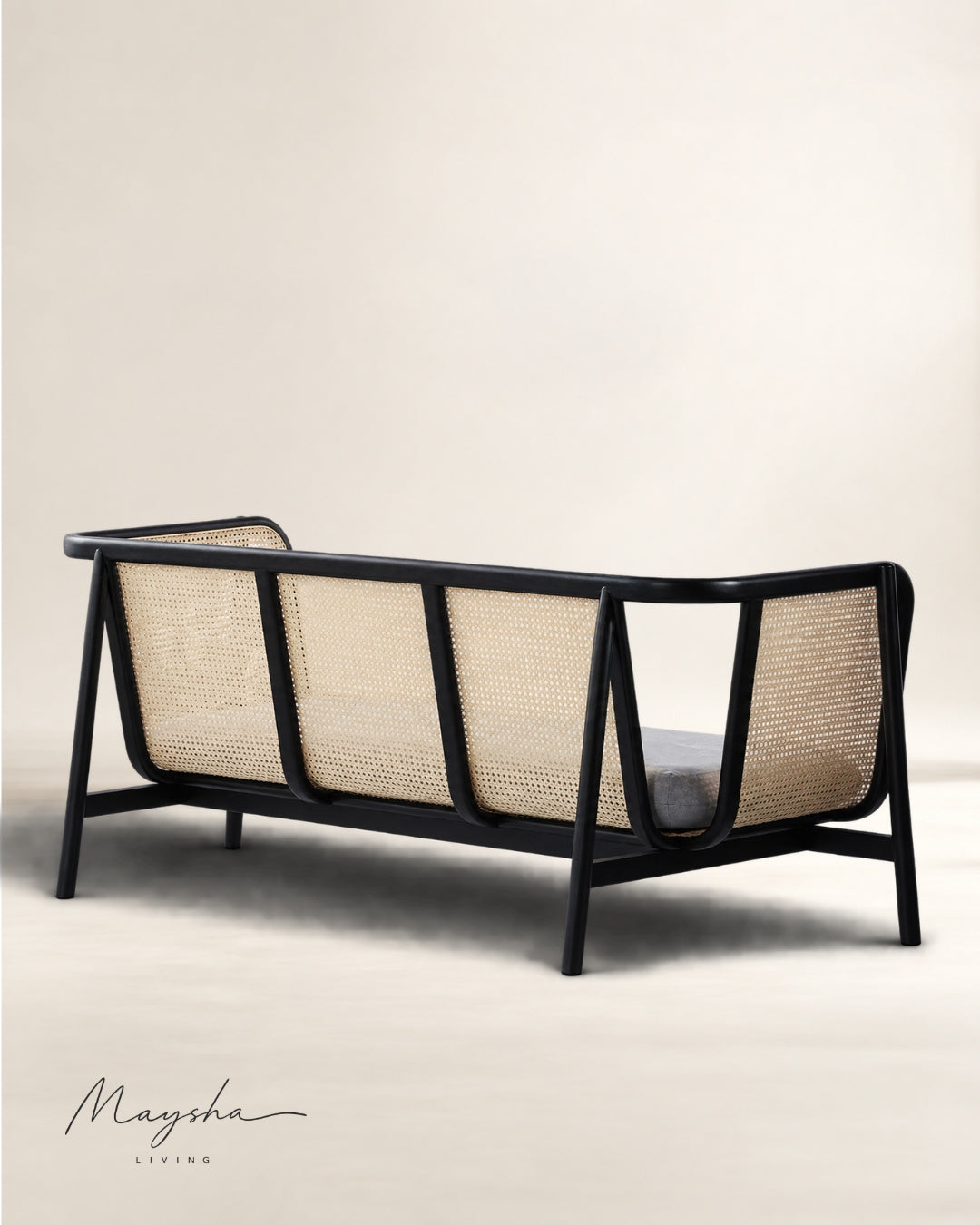 Pelvona Handcrafted Solid Wood, Rattan & Velvet 3-Seater Sofa