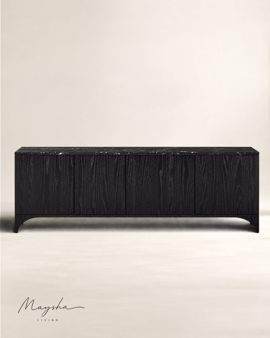 VELCERO Black Oak Media Console with Natural Marble Top