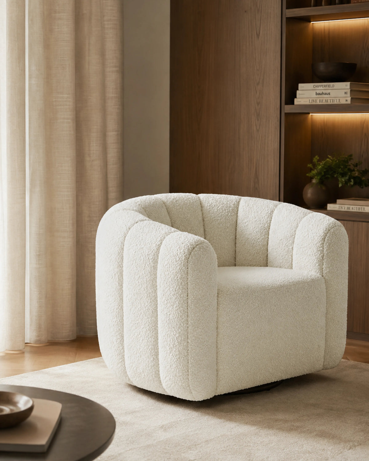Veloura Alabaster Channel-Tufted Bouclé Swivel Accent Chair