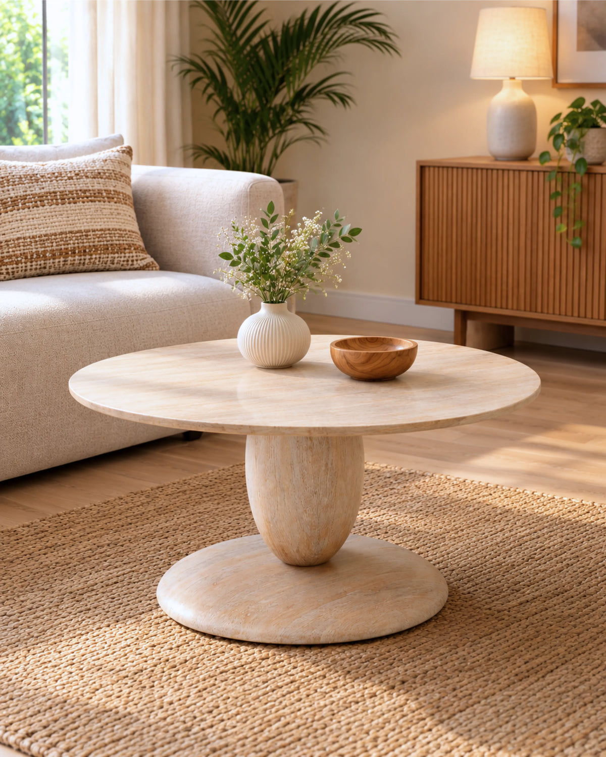 Caliora Solid Wood Round Coffee Table in Cerused White