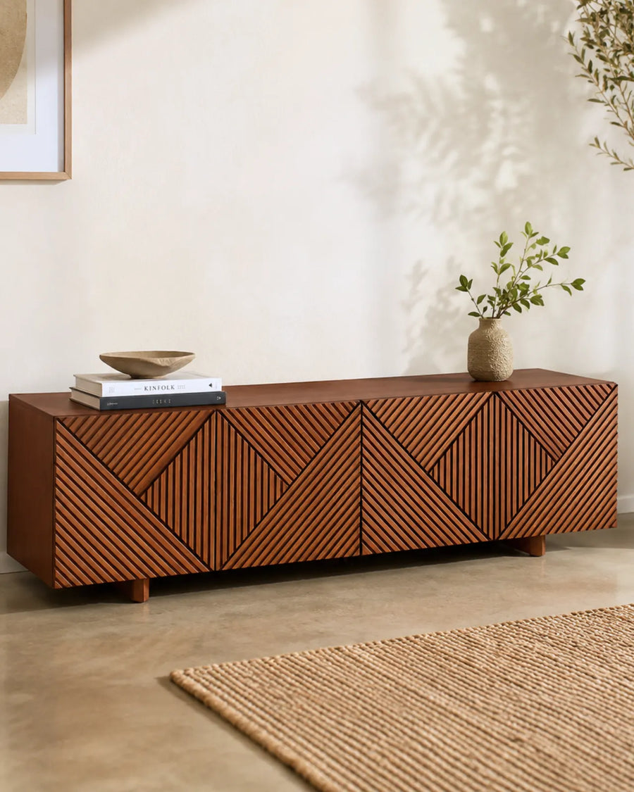 Dravique Geometric Textured TV Cabinet with Solid Wood Base