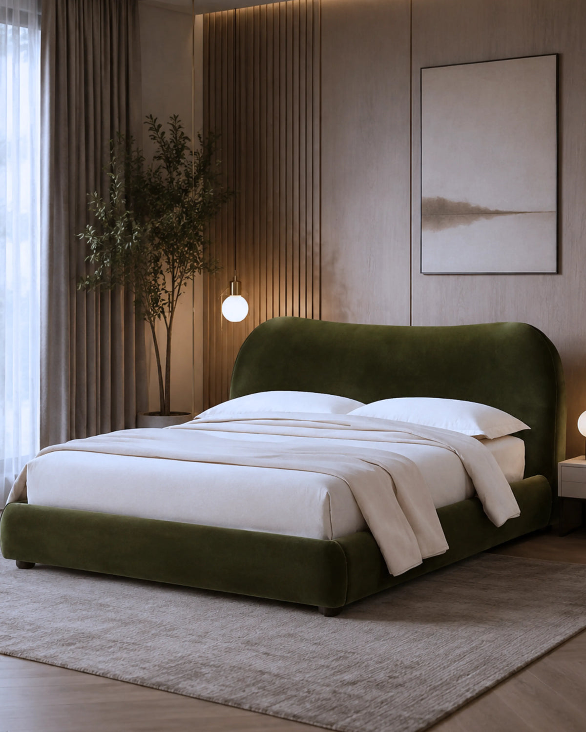 Avyelle Curved Upholstered Camel-Back Moss Bed