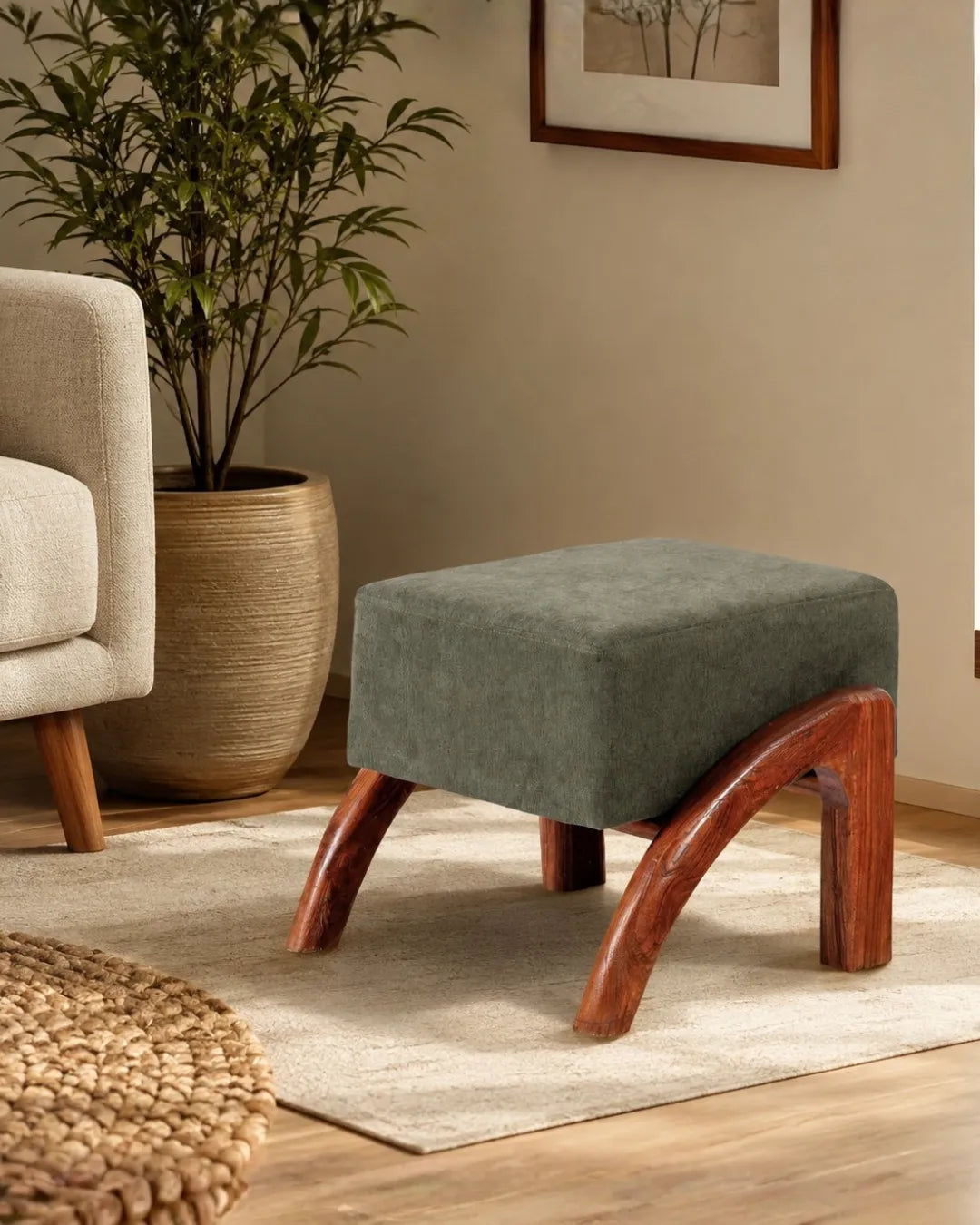 Velnaro Upholstered Solid Teakwood Accent Olive Stool