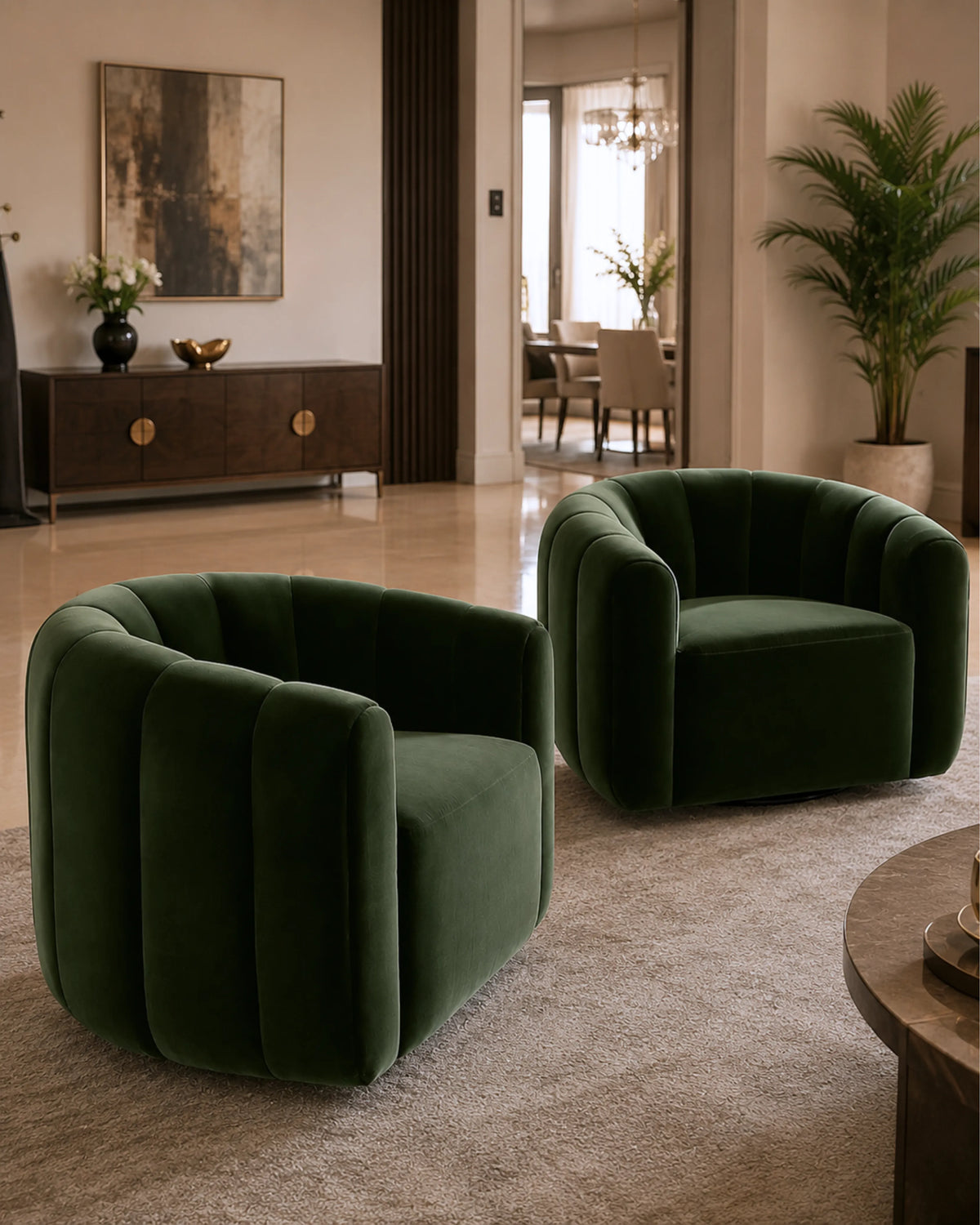 Veloura Olive Channel-Tufted Bouclé Swivel Accent Chair