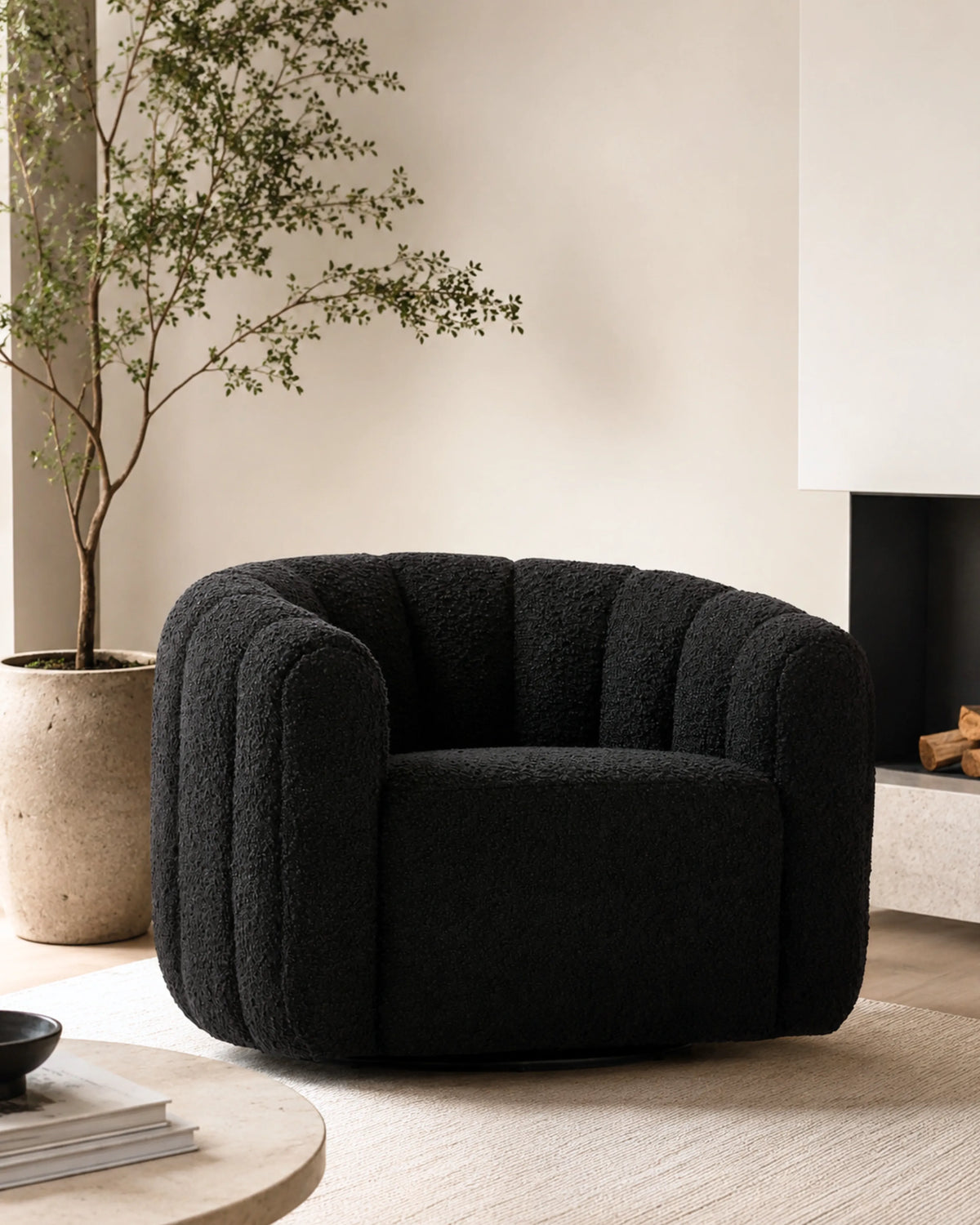Veloura Obsidian Channel-Tufted Bouclé Swivel Accent Chair
