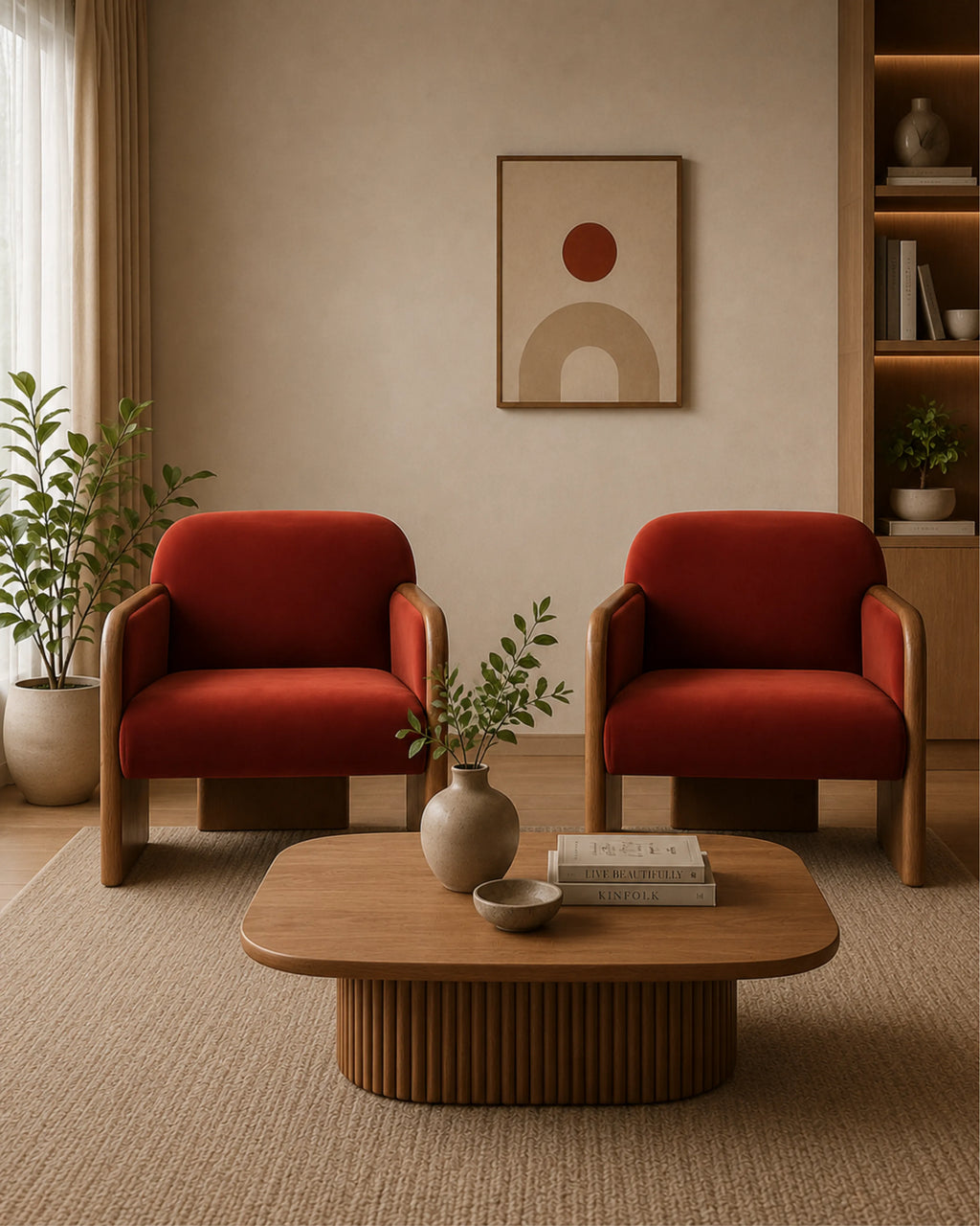 VESARO Velvet Lounge Chair with Oak Frame