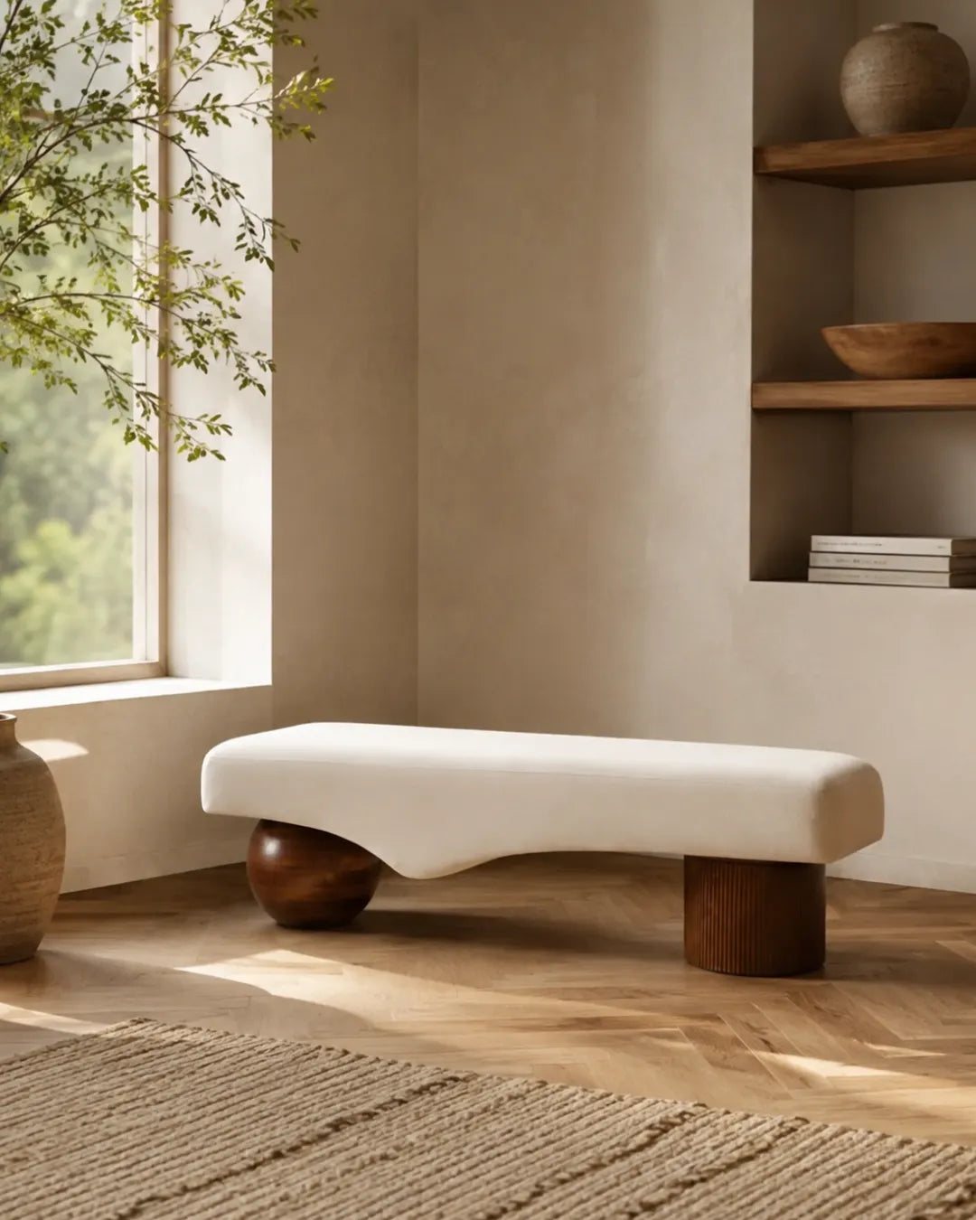 Merastra Asymmetrical Solid Teakwood Upholstered Bench