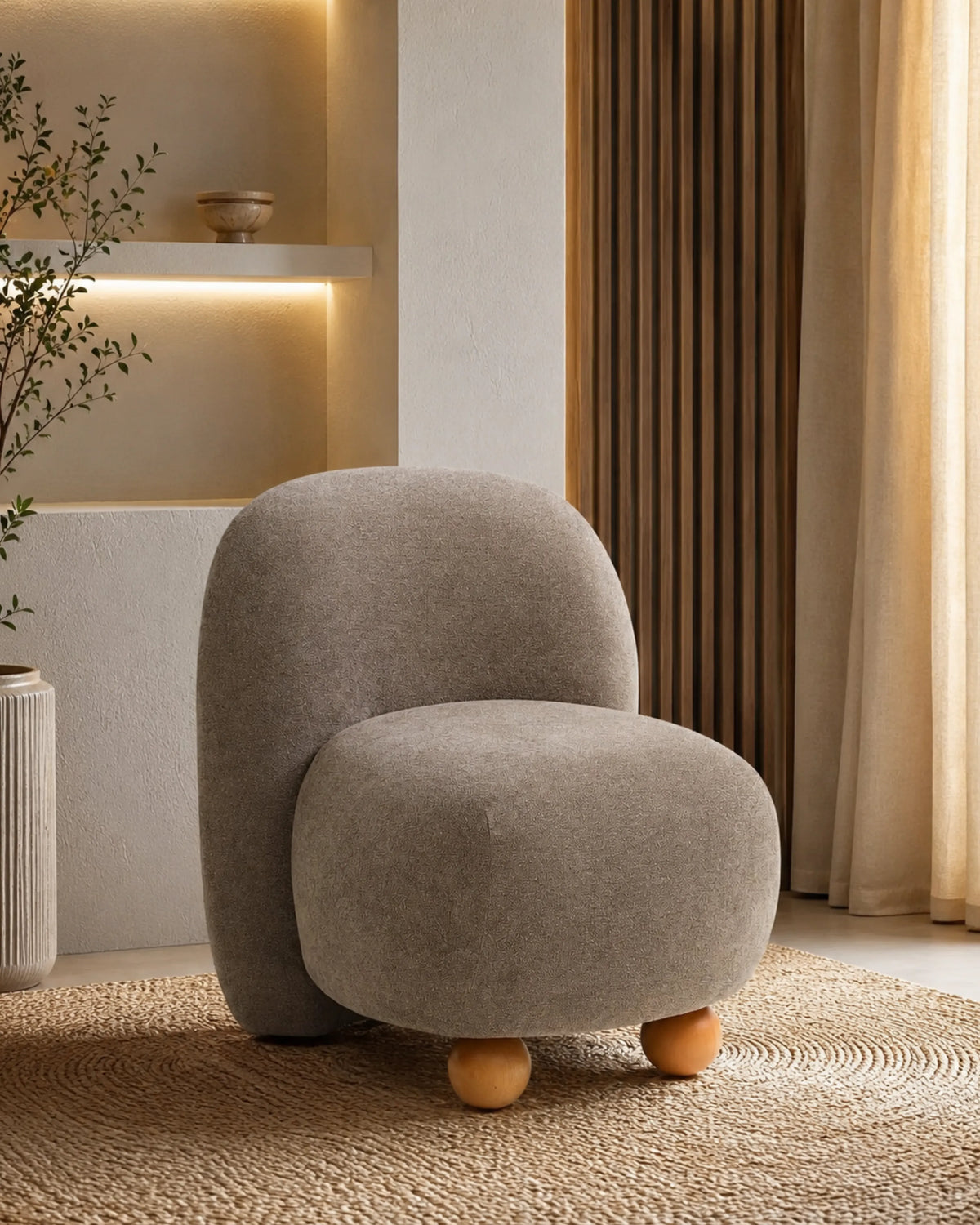 Ovrique Bouclé Lounge Chair with Solid Wood Base