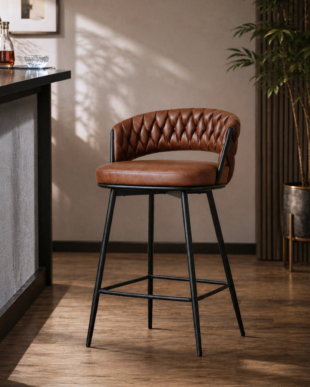 Merivo Contemporary Tan Leatherette Bar Chair with Stainless Steel Base