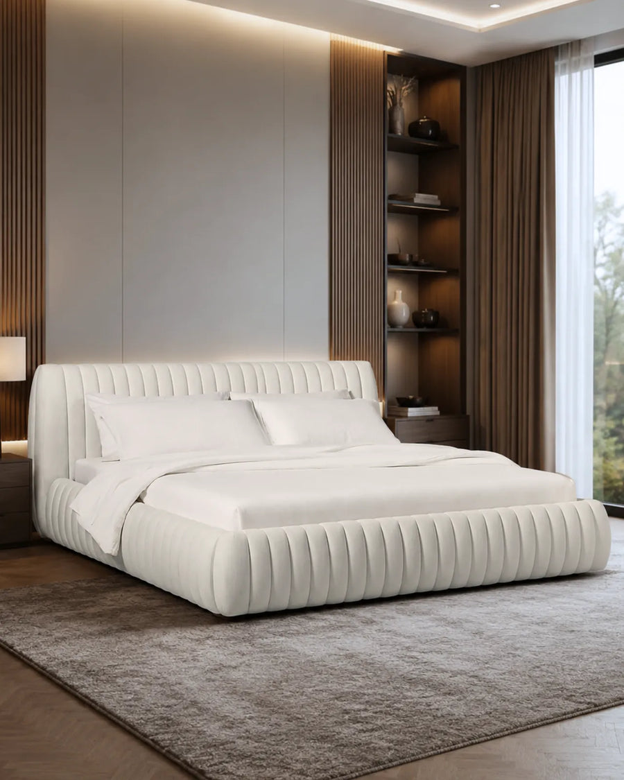 Rovique Chalk Velvet Channel-Tufted Performance Fabric Bed