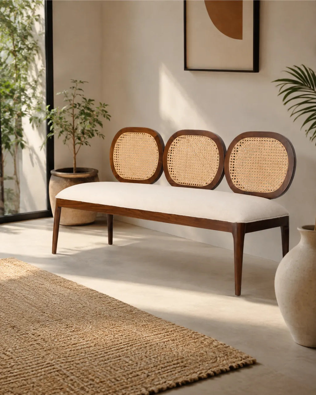 Averlo Triple Natural Cane Backrest Bench in Solid Teakwood