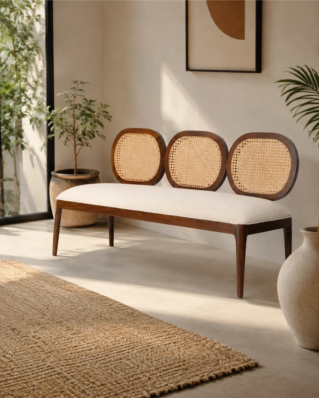 Averlo Triple Natural Cane Backrest Bench in Solid Teakwood