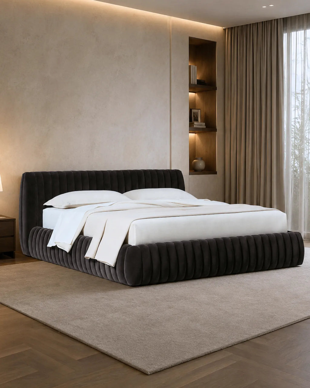 Rovique Forest Velvet Channel-Tufted Performance Fabric Bed
