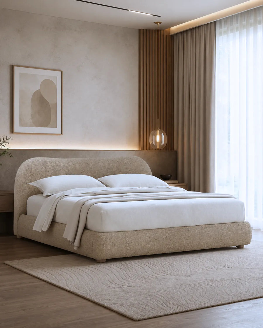 Avyelle Curved Upholstered Camel-Back Sandstone Bed