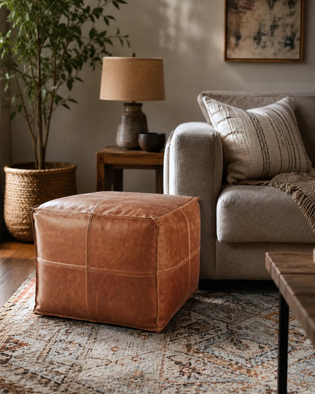 Duresto Hand-Stitched Top-Grain Leather Cube Pouf
