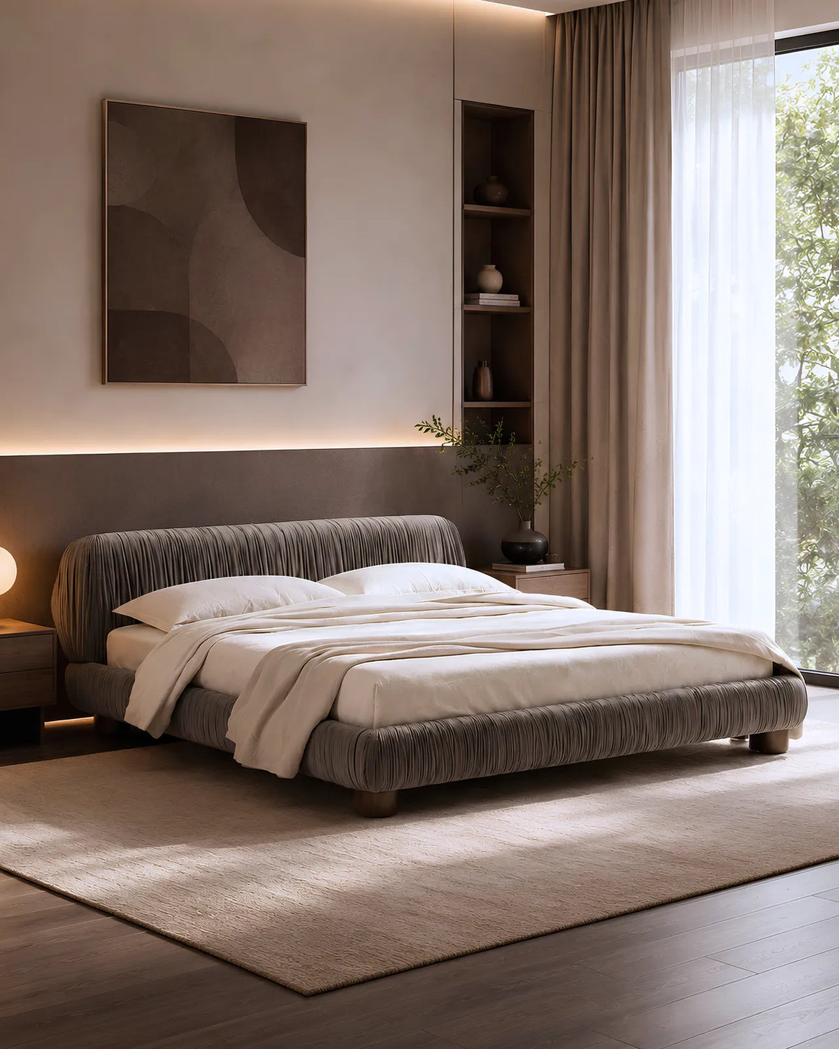 Striova Charcoal Velvet Low-Profile Bed