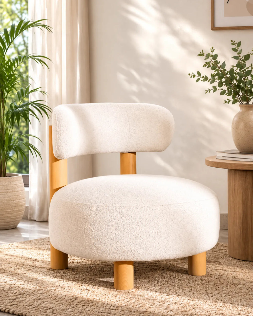 Selvora Bouclé Accent Lounge Chair Oak Wood