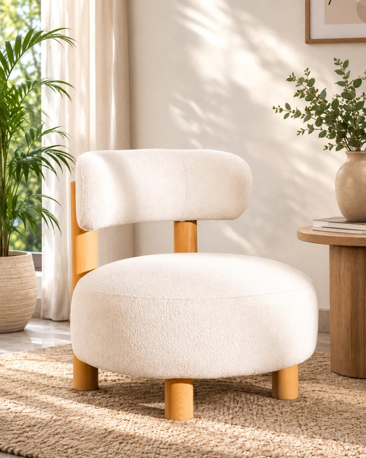 Selvora Bouclé Accent Lounge Chair Oak Wood