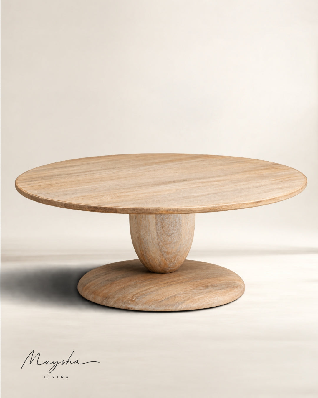 CALIORA Solid Wood Round Coffee Table in Cerused White