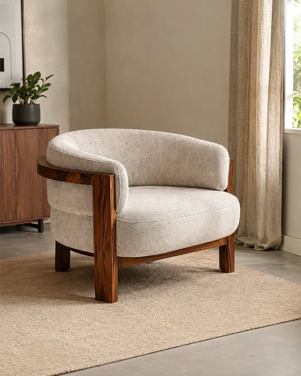 Bellarvo Velvet Accent Lounge Chair in Solid Teak Wood