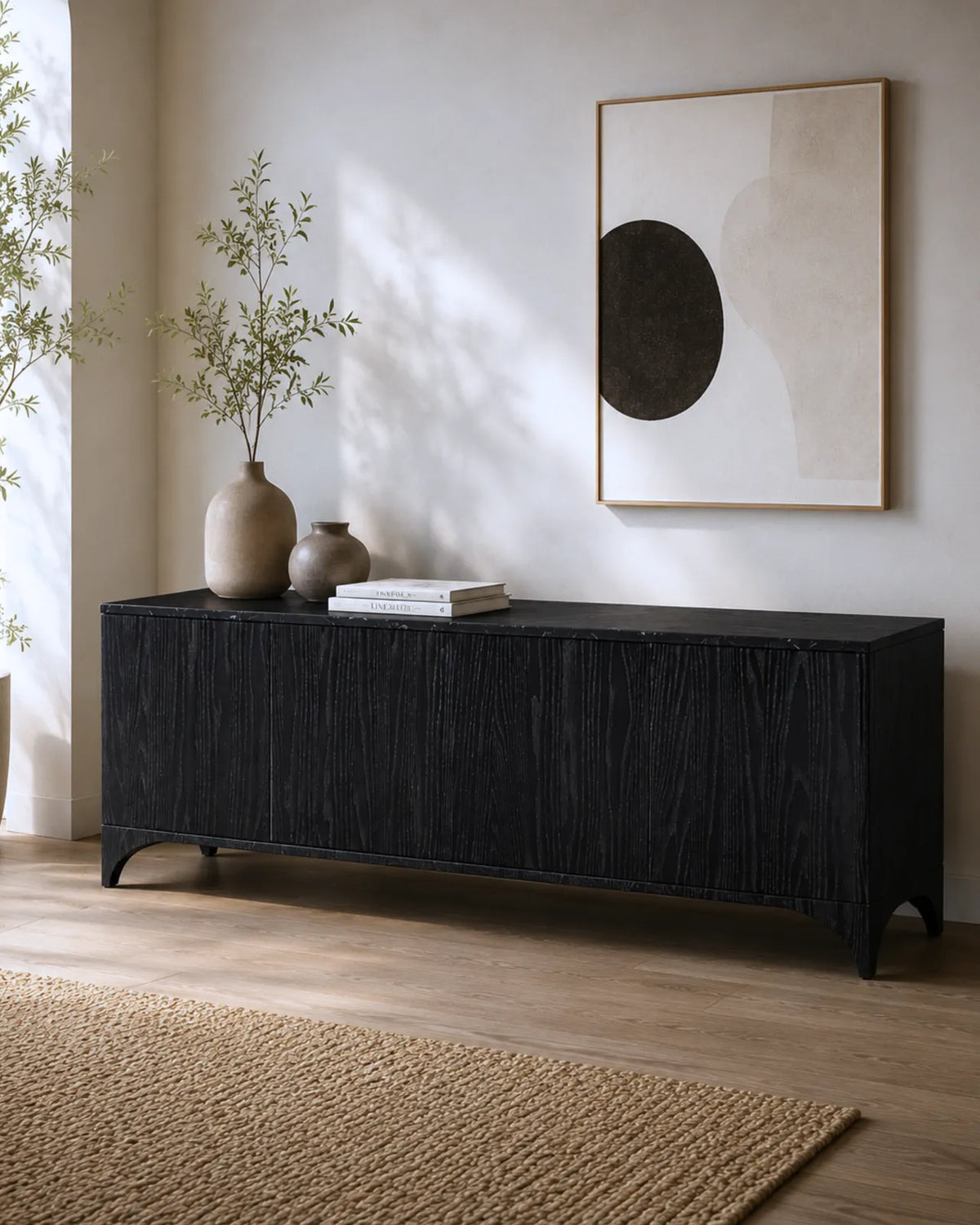 Velcero Black Oak Media Console with Natural Marble Top