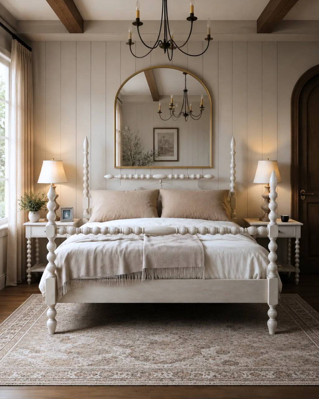 Aldoren Linen Ivory Solid Wood Spindle Poster Bed