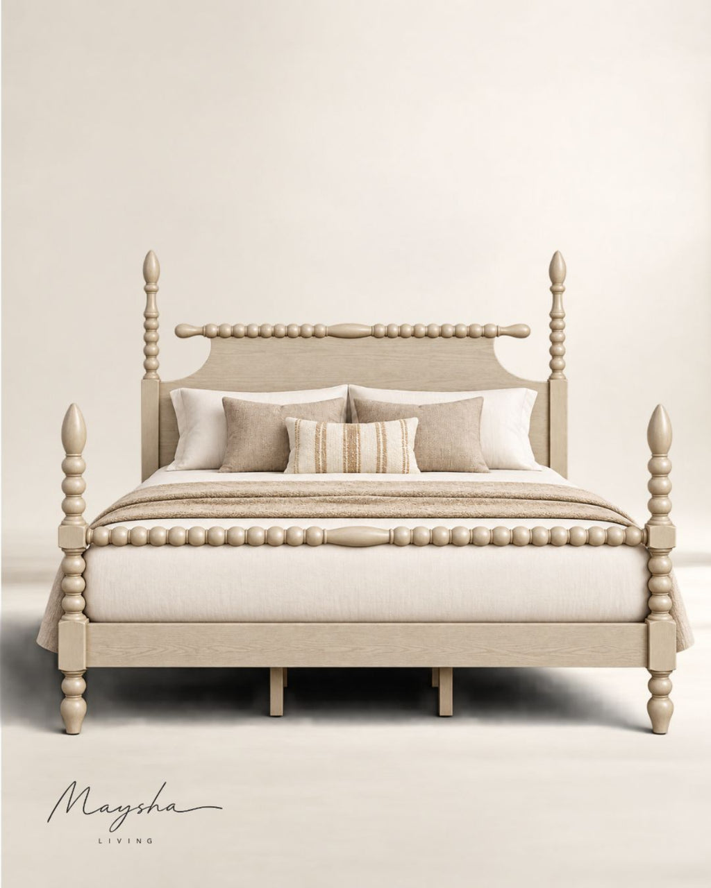 ALDOREN Linen Ivory Solid Wood Spindle Poster Bed