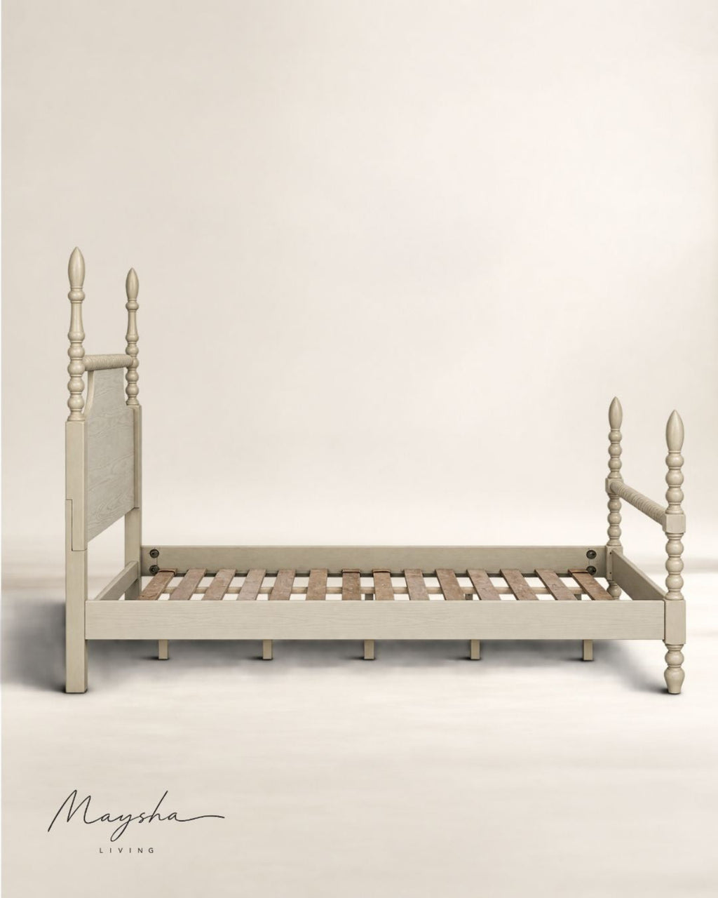 ALDOREN Linen Ivory Solid Wood Spindle Poster Bed