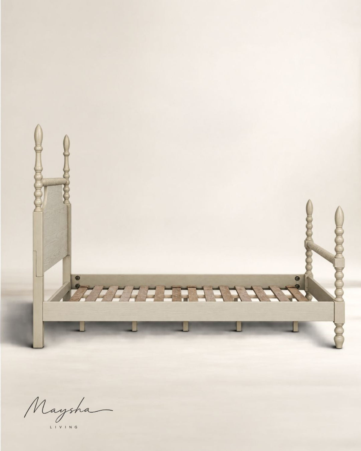 ALDOREN Linen Ivory Solid Wood Spindle Poster Bed