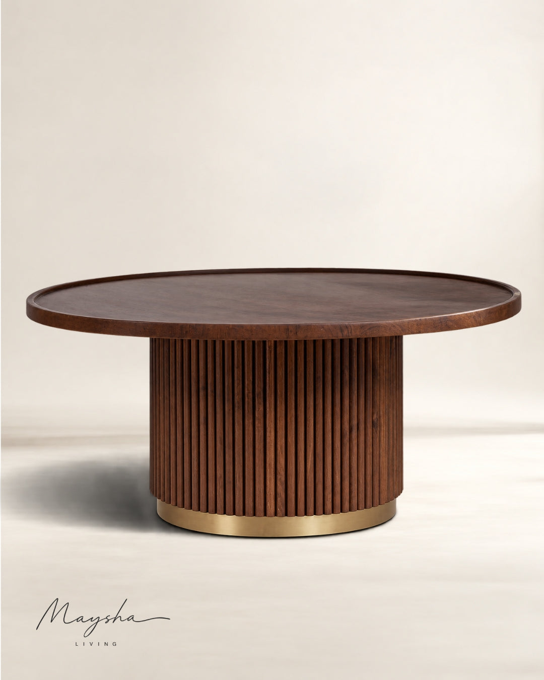 Thessavik Round Solid Wood Coffee Table with Fluted Base and Gold-Finish Metal Ring