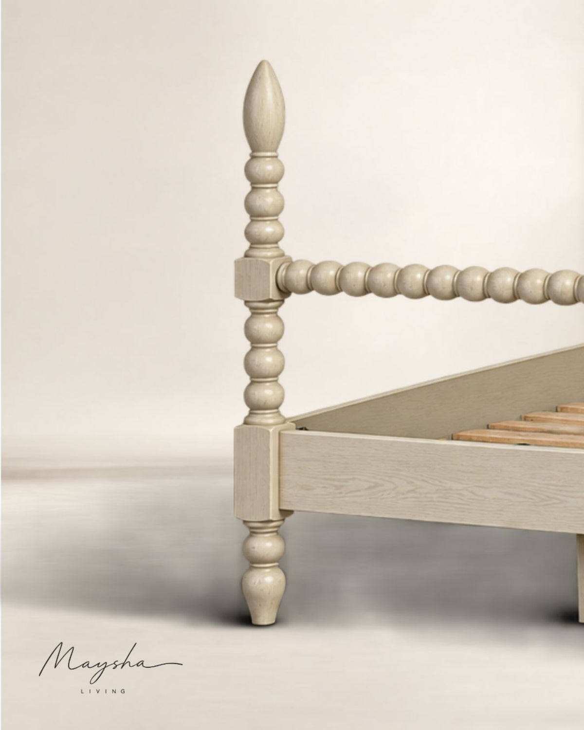 ALDOREN Linen Ivory Solid Wood Spindle Poster Bed