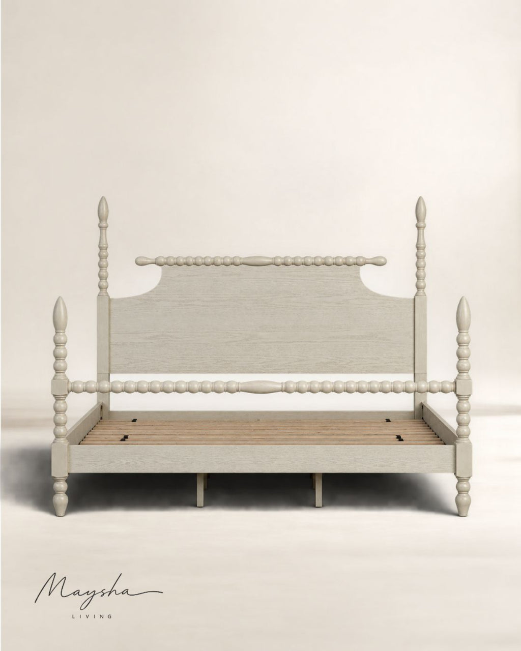 ALDOREN Linen Ivory Solid Wood Spindle Poster Bed