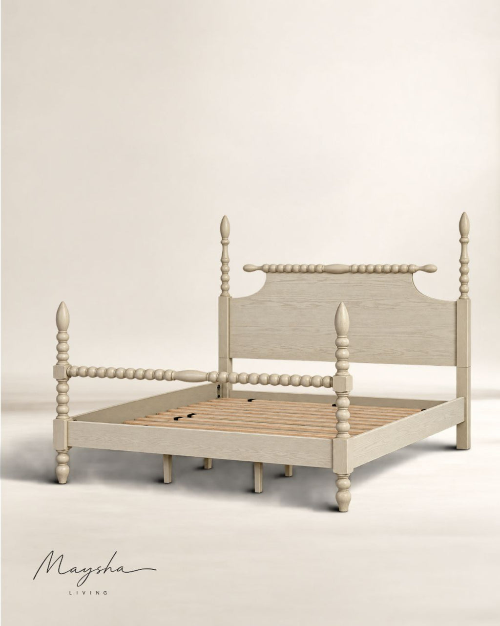 ALDOREN Linen Ivory Solid Wood Spindle Poster Bed