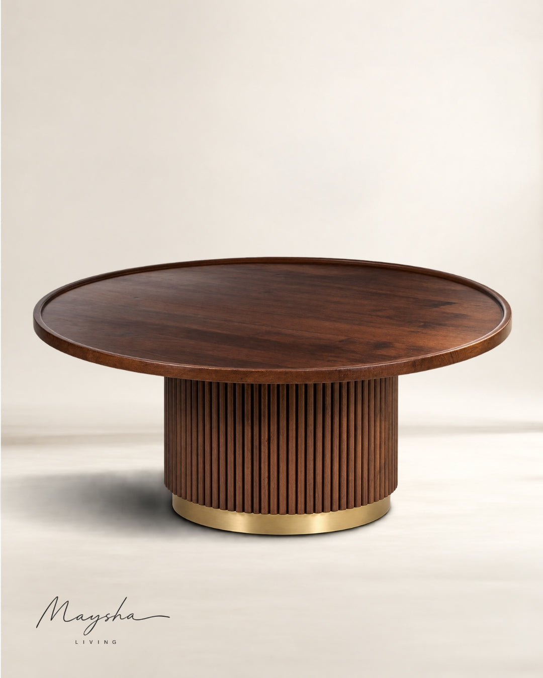 Thessavik Round Solid Wood Coffee Table with Fluted Base and Gold-Finish Metal Ring