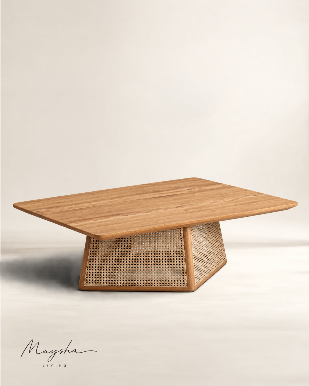 Veyranto Rectangular Wood and Cane Coffee Table with Veneer Top