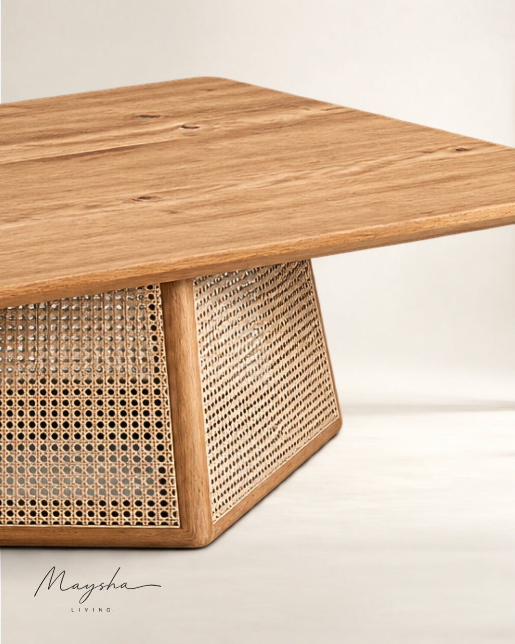 Veyranto Rectangular Wood and Cane Coffee Table with Veneer Top