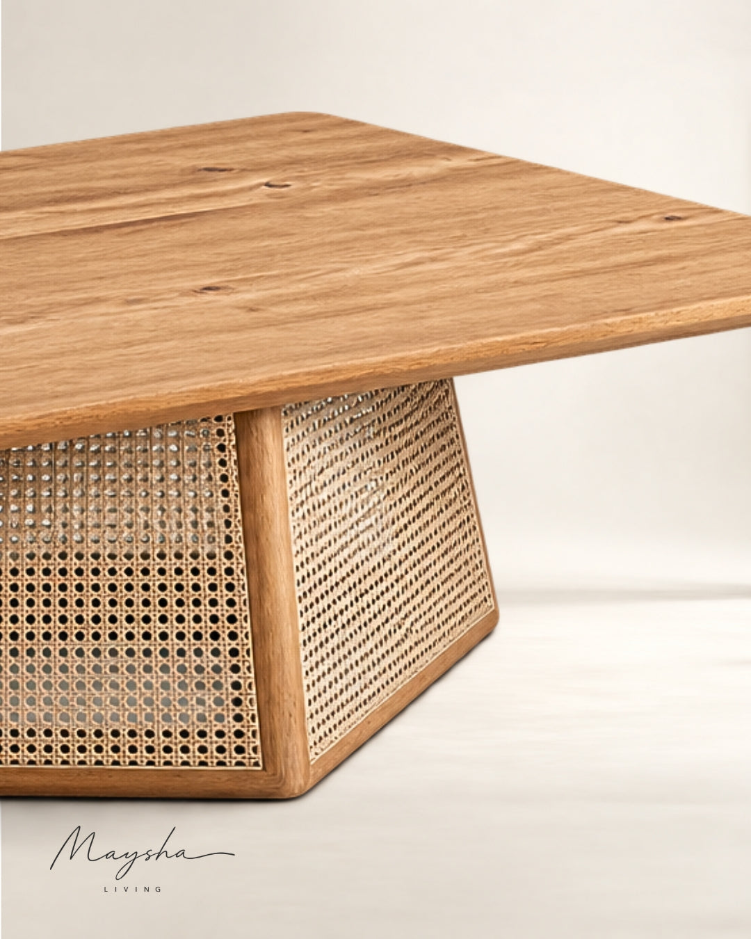 Veyranto Rectangular Wood and Cane Coffee Table with Veneer Top