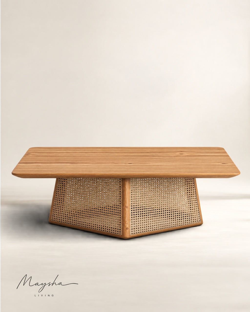 Veyranto Rectangular Wood and Cane Coffee Table with Veneer Top