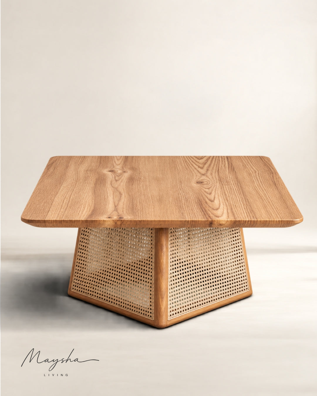 Veyranto Rectangular Wood and Cane Coffee Table with Veneer Top
